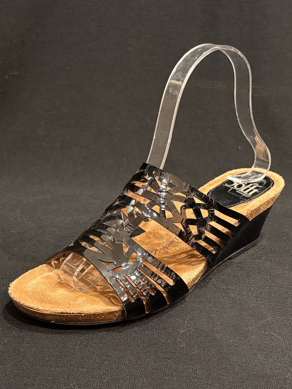 Söfft Black Patent Leather Laser Cut Wedge Slide Sandals Size 7.5 Comfort Resort